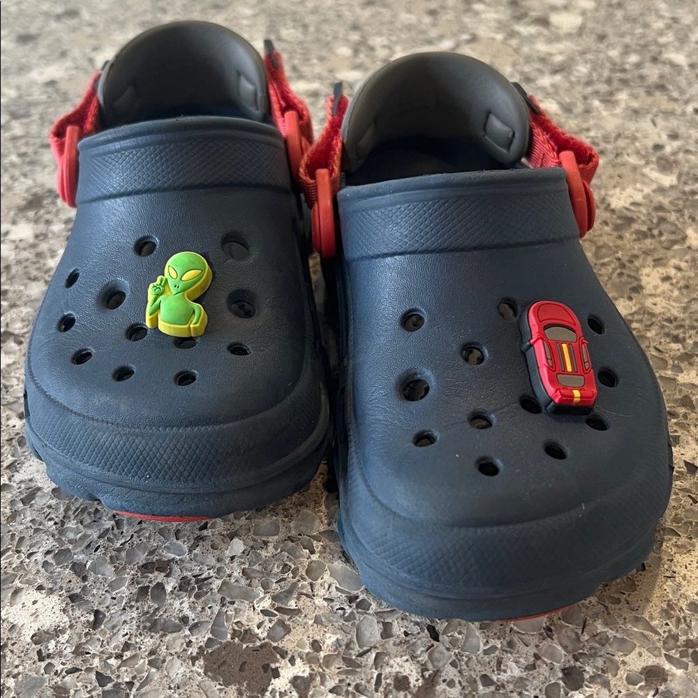 Kids Navy 10T CROCS Clog Shoes with Red Strap